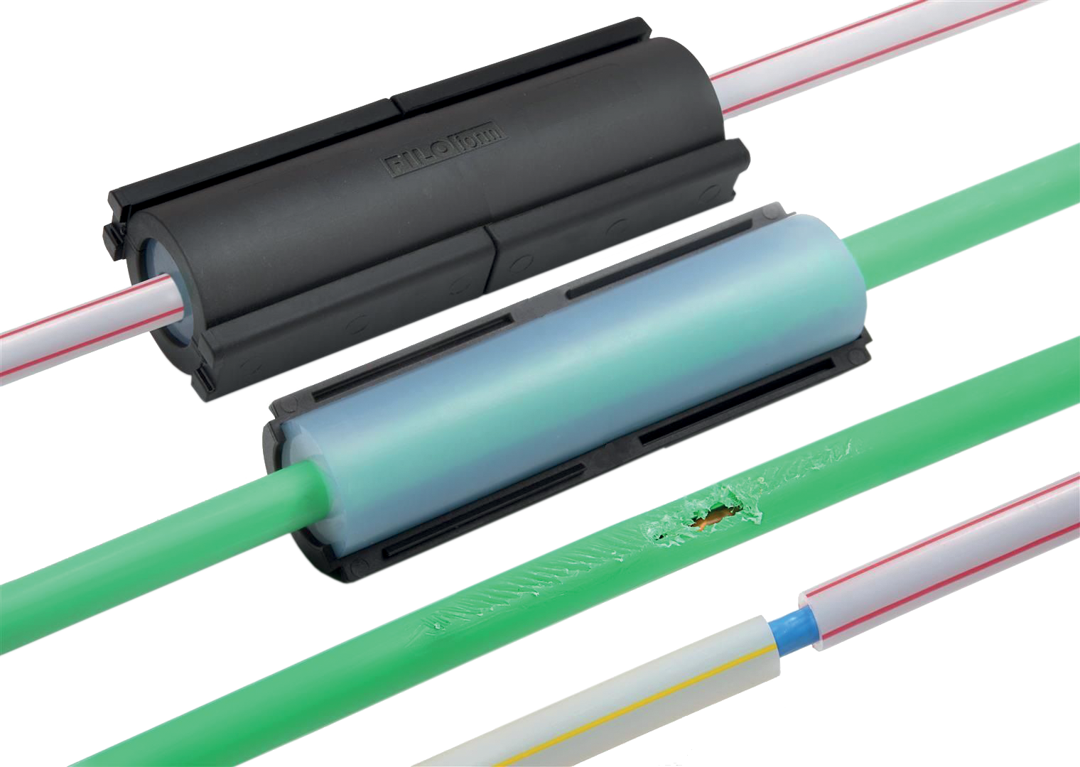 Étanchéité des câbles et réparation des MicroDucts Repairing of microducts and sealing of cables is done very easily thanks to splittable design of Dura Repair Kits and Dura Terminators.