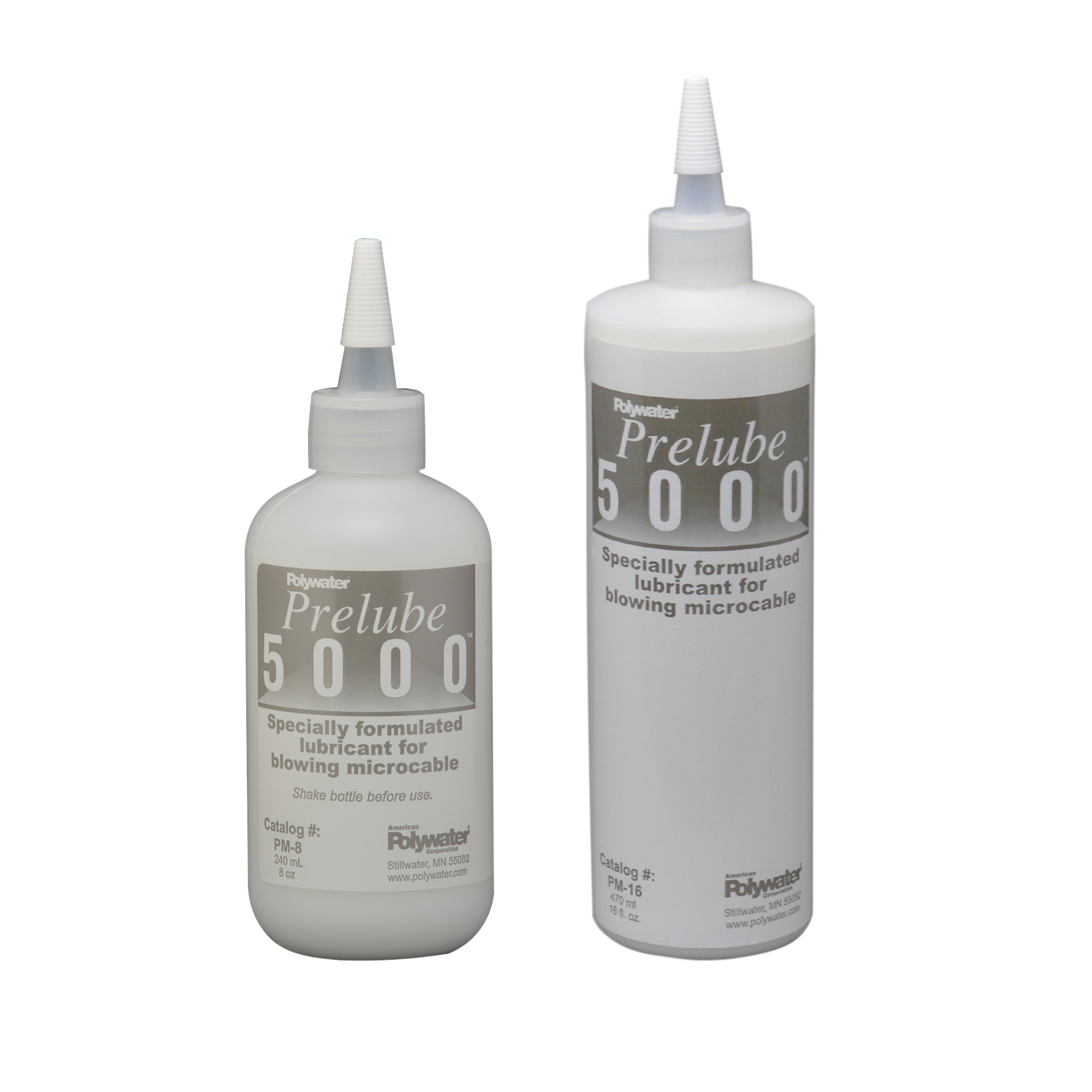 Prelube 5000™ is a high-performance lubricant specifically designed to coat the inner wall of a MicroDuct prior to air-assisted cable installation by blowing or jetting. This lubricant is proven to reduce frictional drag to increase installation speed, length, and safety. It is suitable for use with all types of cable jackets and is available in quantities of 240 and 470 ml.