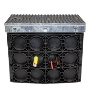 Chamber HQS provides an easier, more flexible, and more sustainable alternative to concrete and brick-built chambers with benefits to network owners and constructors alike. 
Chambers are supplied in flat pieces or rings for efficient transportation and storage and easy on-site configuration in as little as 20 minutes. Prefabricated entry points can be removed quickly with a hammer (and without a drill) before a rubber seal is installed around the conduits, MicroDucts, or MicroDuct bundles entering the duct to prevent the ingress of soil or other debris. Finally, the metal frame for the Chamber HQS’ cover is adjustable to ensure the cover is installed at the correct height and angle.